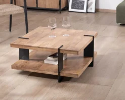 Meuble House Table basse design avec double plateau carré en bois et pieds métal "Marla" New