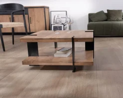 Meuble House Table basse design avec double plateau carré en bois et pieds métal 