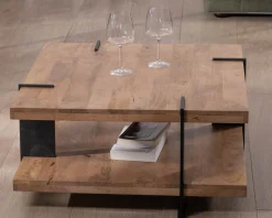Meuble House Table basse design avec double plateau carré en bois et pieds métal 
