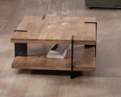 Meuble House Table basse design avec double plateau carré en bois et pieds métal 