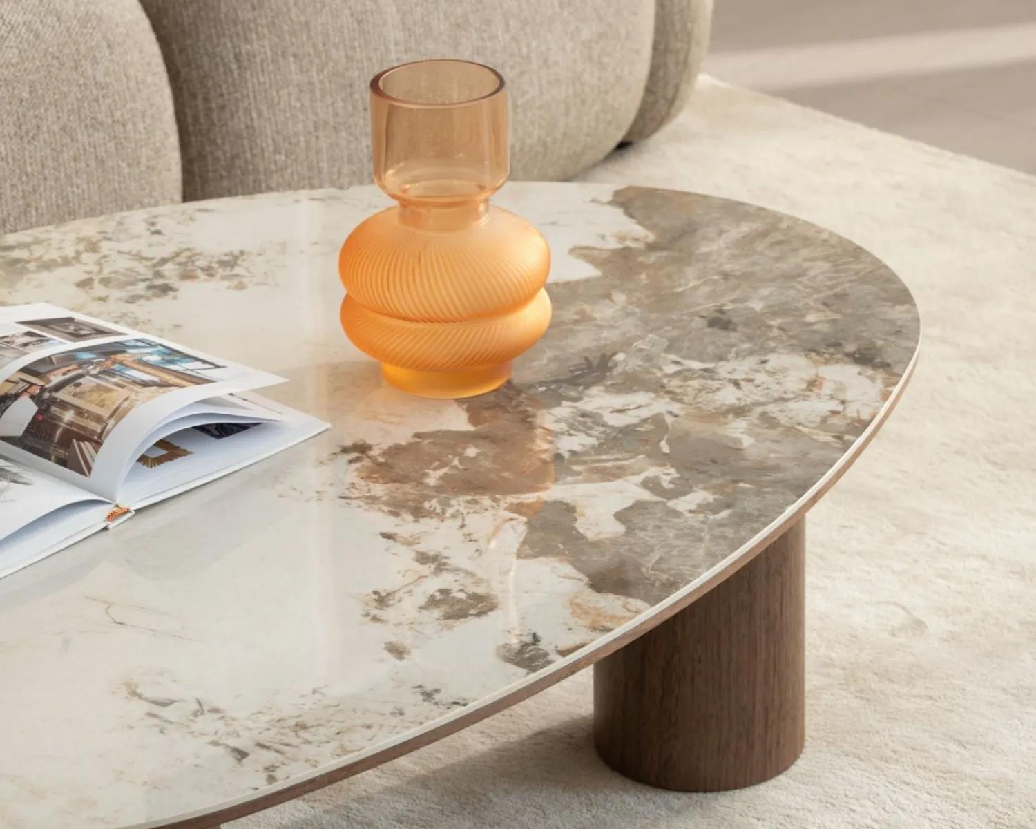 Meuble House Table basse design forme organique "Oria" plateau céramique et pieds cylindres teinte noyer Online