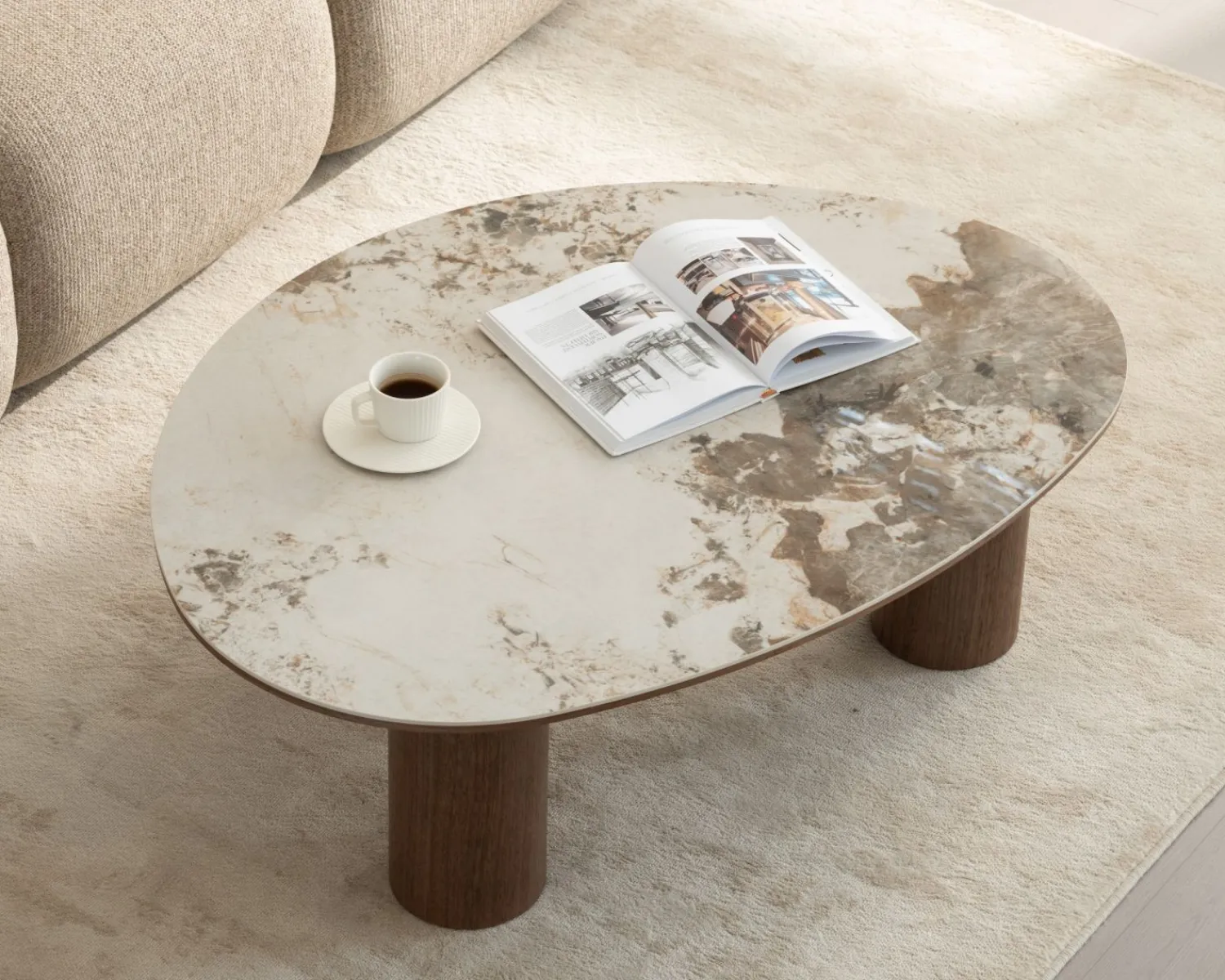 Meuble House Table basse design forme organique "Oria" plateau céramique et pieds cylindres teinte noyer Online