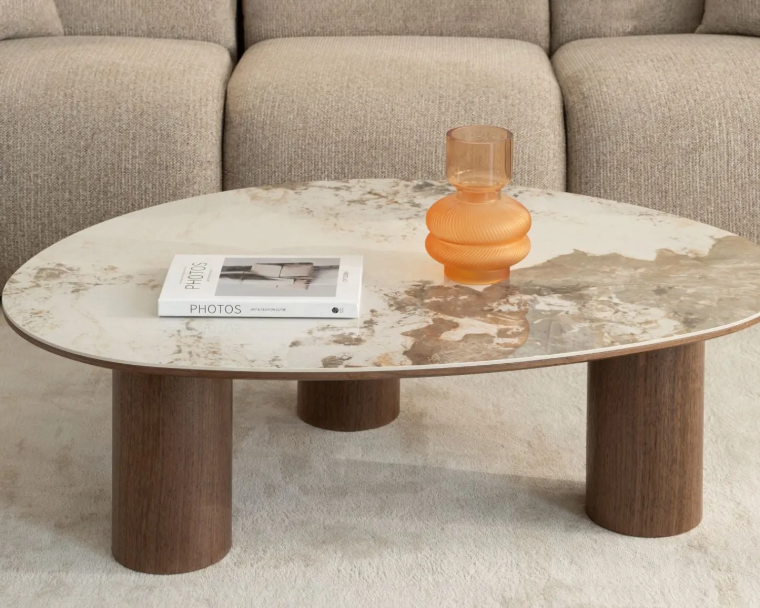 Meuble House Table basse design forme organique "Oria" plateau céramique et pieds cylindres teinte noyer Online
