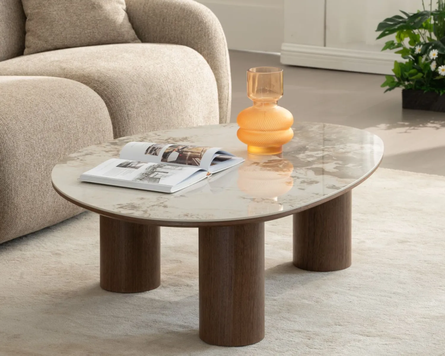 Meuble House Table basse design forme organique "Oria" plateau céramique et pieds cylindres teinte noyer Online