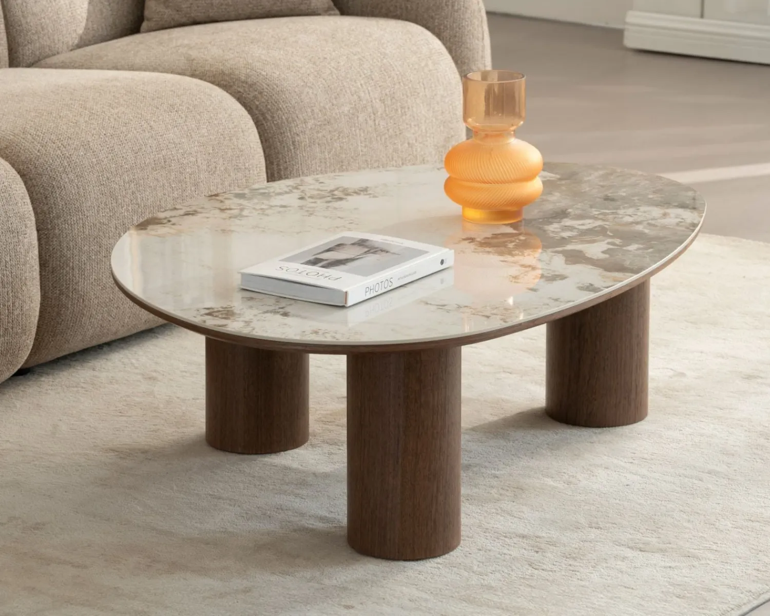 Meuble House Table basse design forme organique "Oria" plateau céramique et pieds cylindres teinte noyer Online
