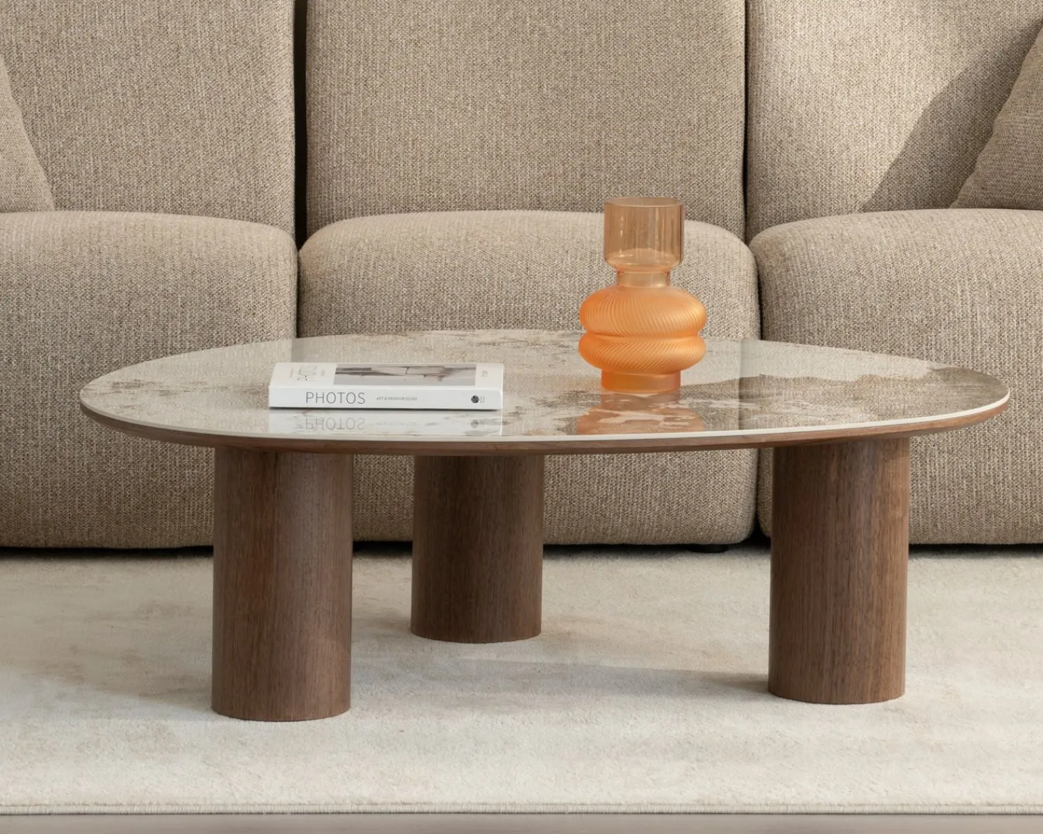 Meuble House Table basse design forme organique "Oria" plateau céramique et pieds cylindres teinte noyer Online