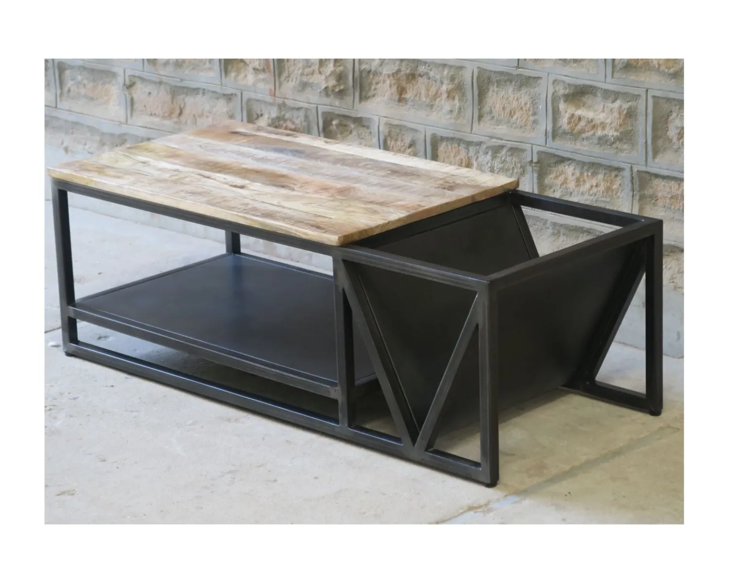 Meuble House Table basse design industriel en métal et bois massif "Caractère" New