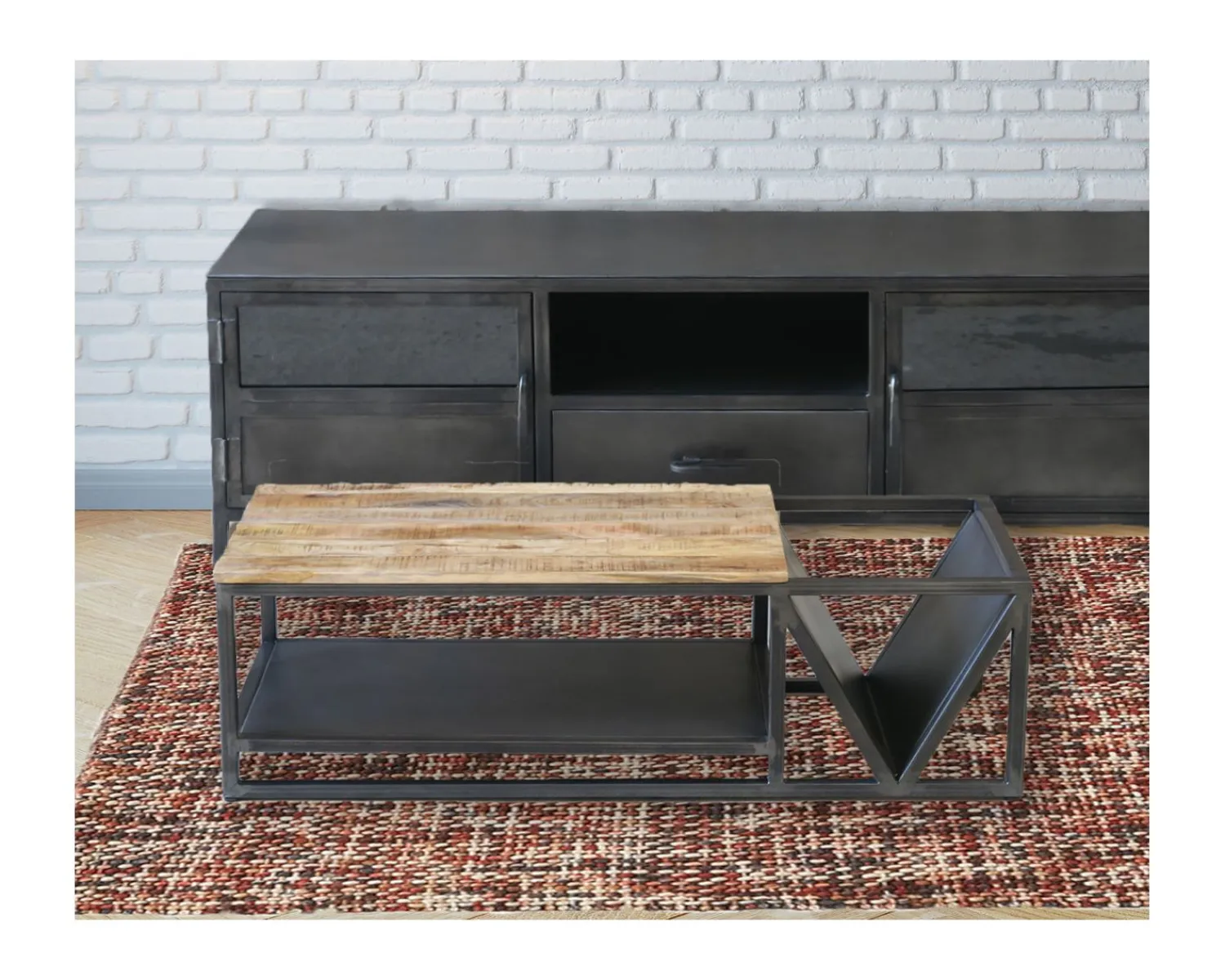 Meuble House Table basse design industriel en métal et bois massif "Caractère" New