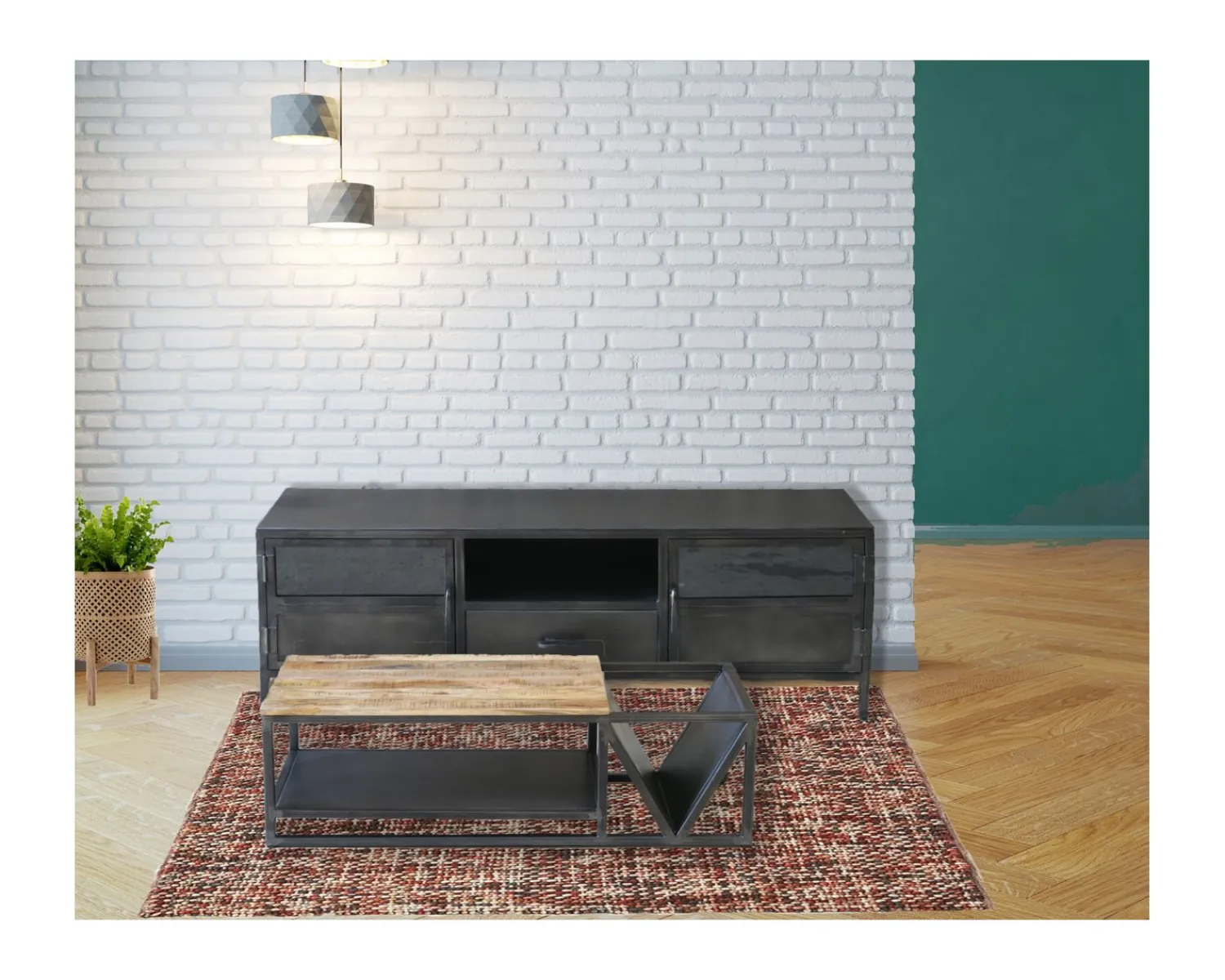 Meuble House Table basse design industriel en métal et bois massif "Caractère" New