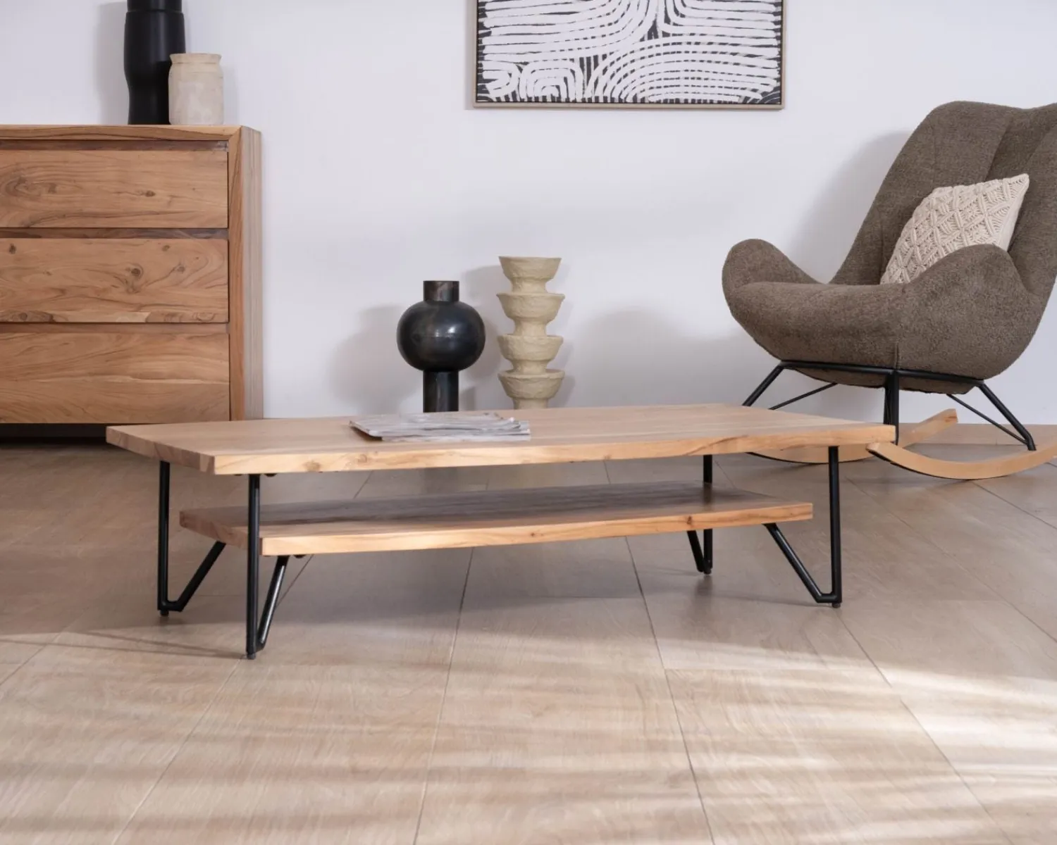 Meuble House Table basse double plateau forme bateau en acacia massif "Zen Black" Outlet