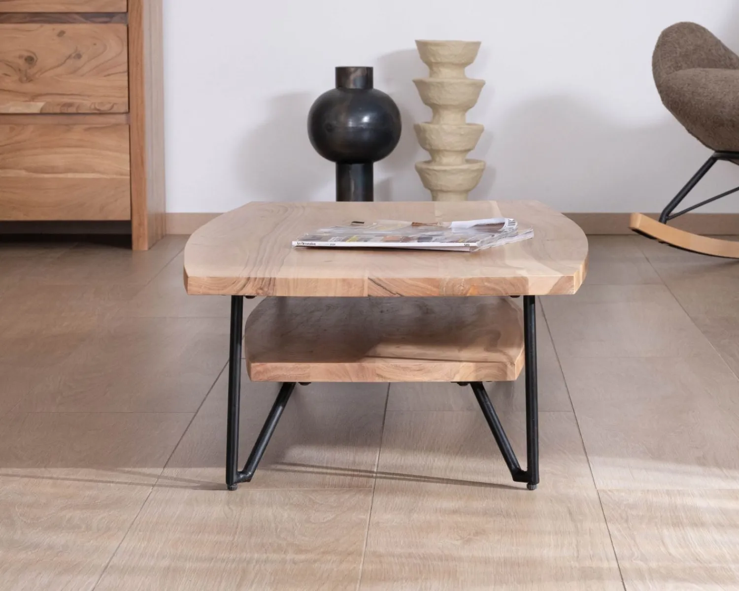 Meuble House Table basse double plateau forme bateau en acacia massif "Zen Black" Outlet