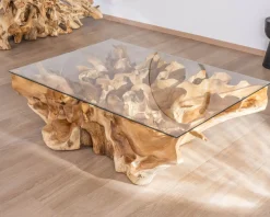 Meuble House Table basse en racine de teck naturel avec plateau verre rectangulaire 