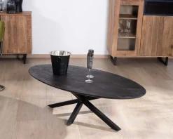 Meuble House Table basse noire plateau ellipse en manguier massif sablé et pieds métal 3D 