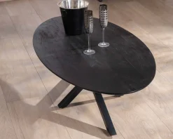 Meuble House Table basse noire plateau ellipse en manguier massif sablé et pieds métal 3D 