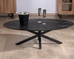 Meuble House Table basse noire plateau ellipse en manguier massif sablé et pieds métal 3D 