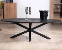 Meuble House Table basse noire plateau ellipse en manguier massif sablé et pieds métal 3D 