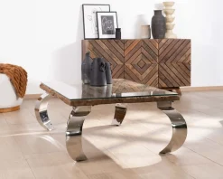 Meuble House Table basse rectangulaire bois recyclé rustique, plateau verre et pieds design métal brillant opium