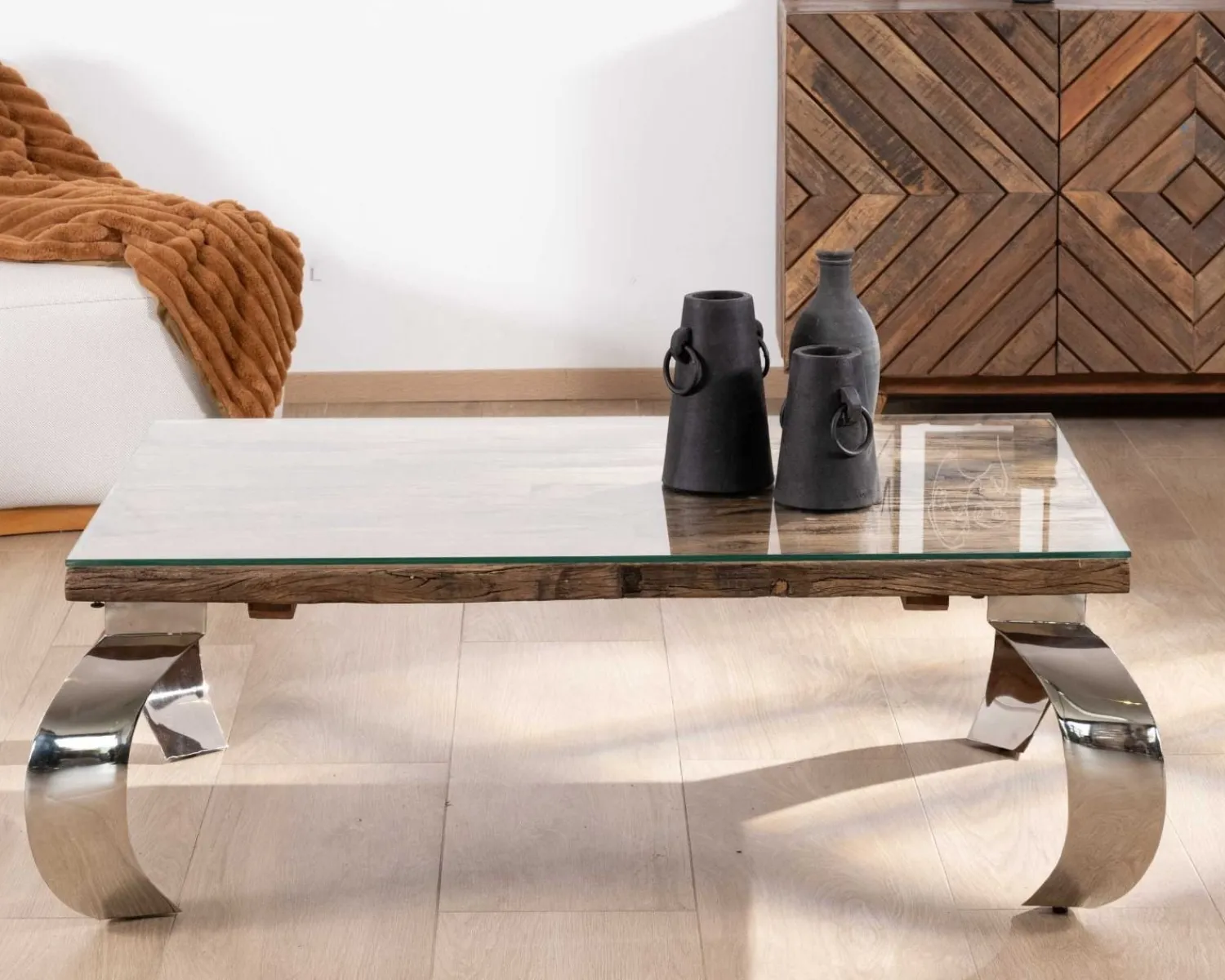 Meuble House Table basse rectangulaire bois recyclé rustique, plateau verre et pieds design métal brillant opium "Timber" New
