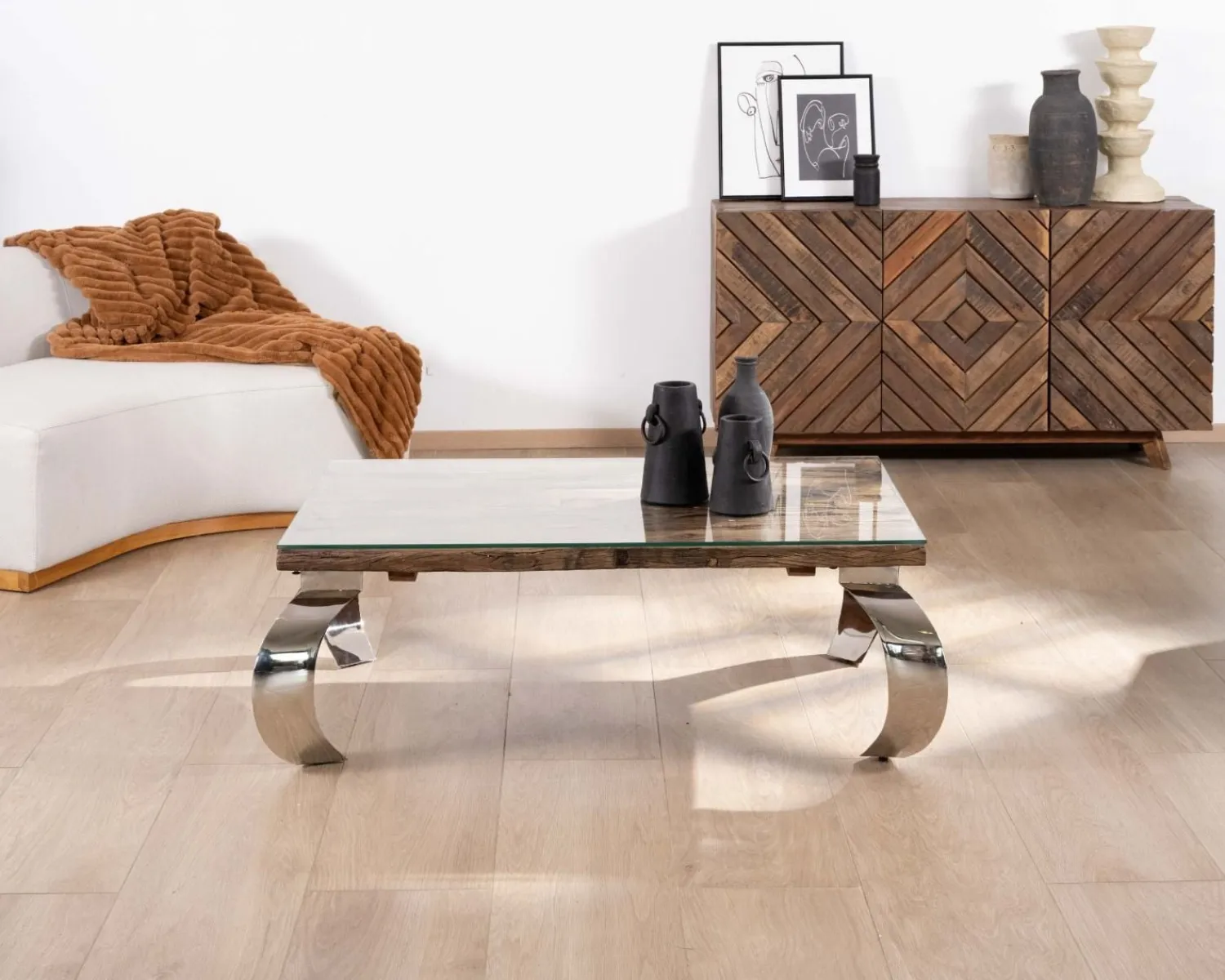 Meuble House Table basse rectangulaire bois recyclé rustique, plateau verre et pieds design métal brillant opium "Timber" New