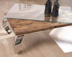 Meuble House Table basse rectangulaire bois recyclé rustique, plateau verre et pieds design métal brillant opium