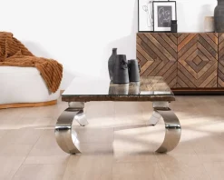 Meuble House Table basse rectangulaire bois recyclé rustique, plateau verre et pieds design métal brillant opium