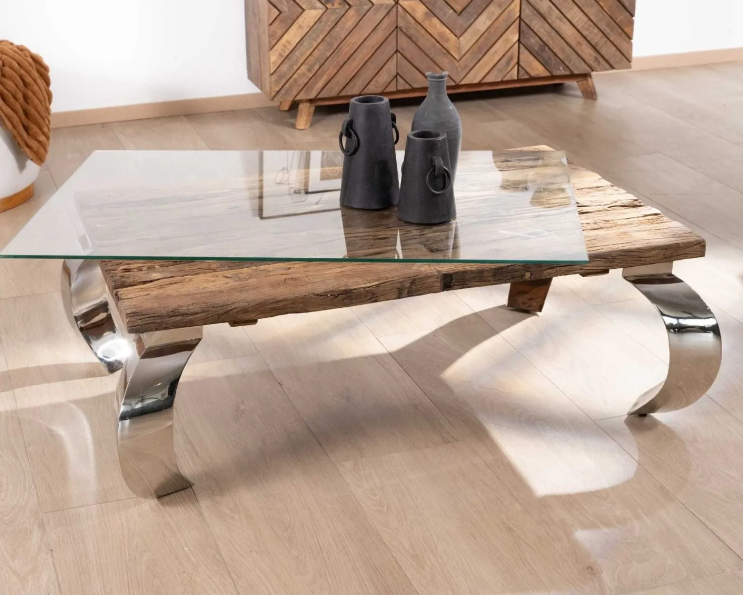 Meuble House Table basse rectangulaire bois recyclé rustique, plateau verre et pieds design métal brillant opium "Timber" New