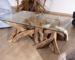 Meuble House Table basse rectangulaire 120 cm en bois de teck recyclé avec plateau en verre