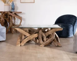 Meuble House Table basse rectangulaire 120 cm en bois de teck recyclé avec plateau en verre