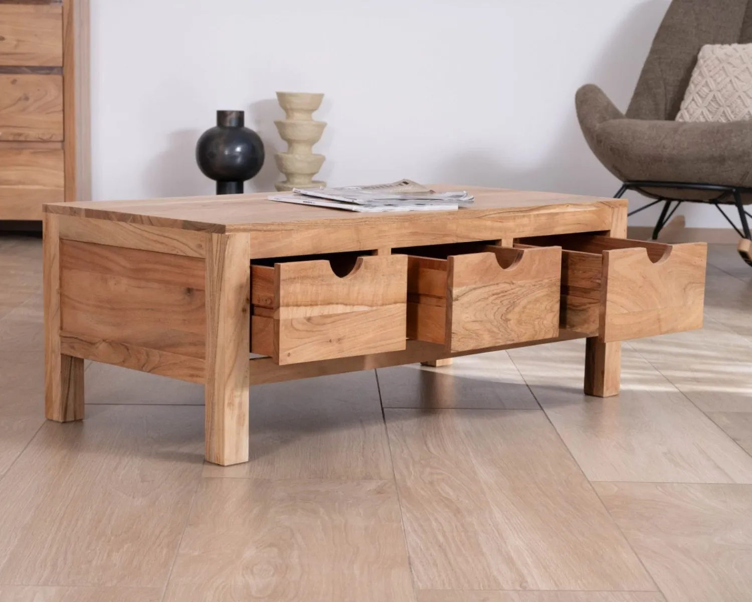 Meuble House Table basse rectangulaire en acacia massif " Nüma" 100 cm avec tiroirs Hot