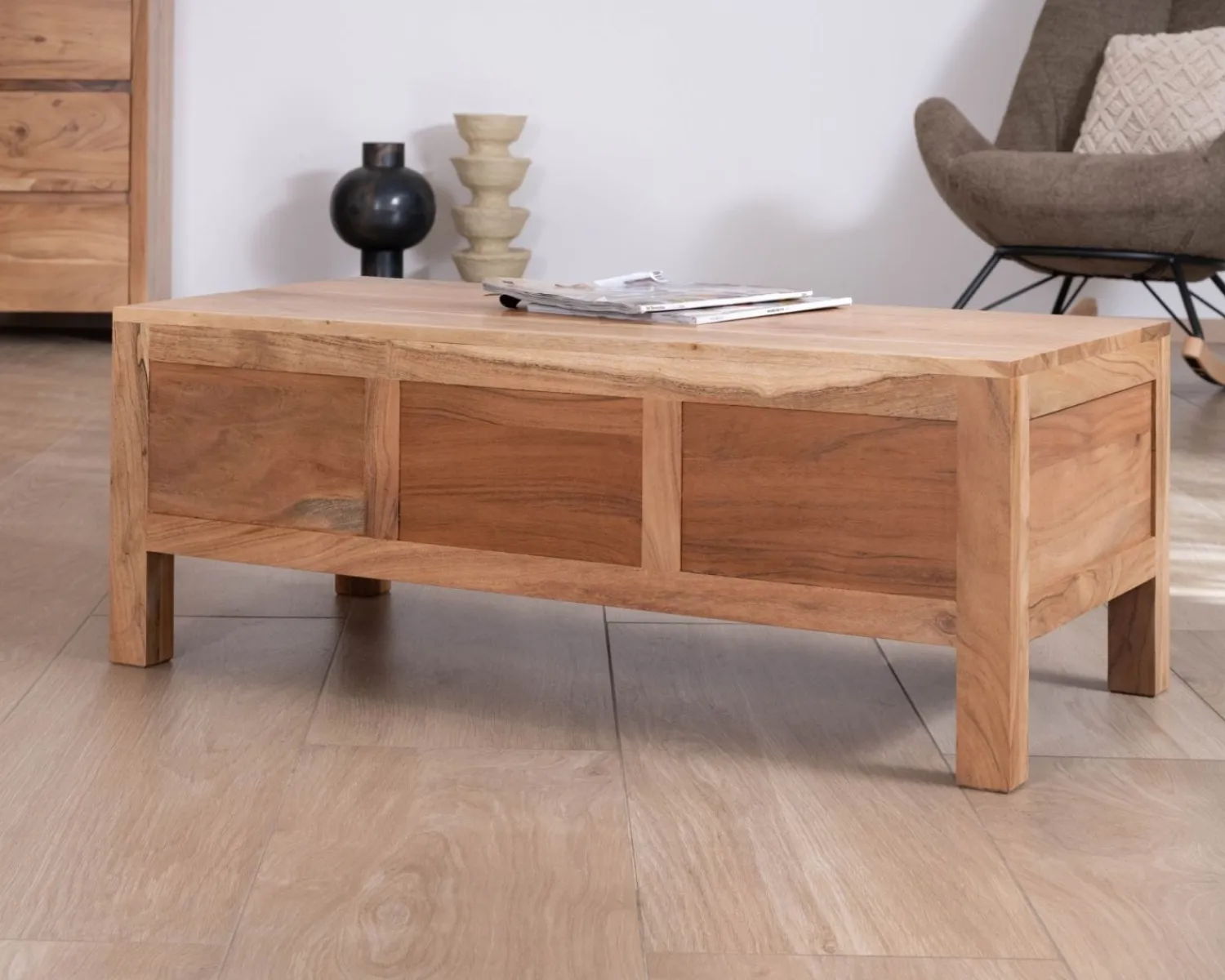 Meuble House Table basse rectangulaire en acacia massif " Nüma" 100 cm avec tiroirs Hot