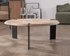 Meuble House Table basse ronde design en acacia et 3 pieds métal noir "Shelley" Sale