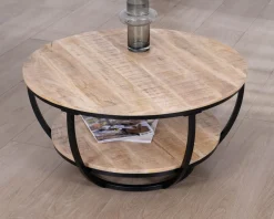 Meuble House Table basse ronde double plateau en manguier massif et structure métal noir 
