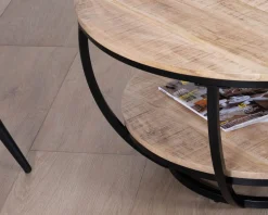 Meuble House Table basse ronde double plateau en manguier massif et structure métal noir 