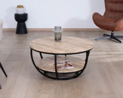 Meuble House Table basse ronde double plateau en manguier massif et structure métal noir 