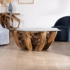 Meuble House Table basse ronde en bois de teck flotté et plateau verre "Kanoa" 120 cm Hot