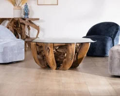 Meuble House Table basse ronde en bois de teck flotté et plateau verre "Kanoa" 120 cm Hot