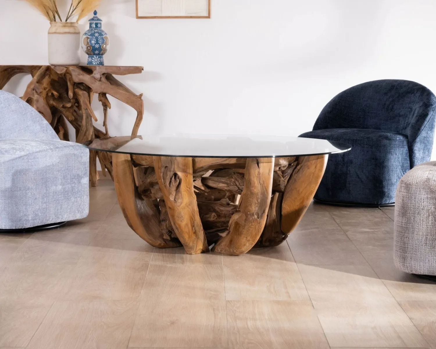 Meuble House Table basse ronde en bois de teck flotté et plateau verre "Kanoa" 120 cm Hot