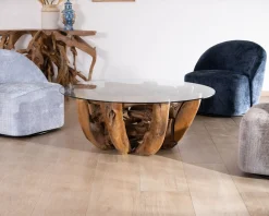 Meuble House Table basse ronde en bois de teck flotté et plateau verre "Kanoa" 120 cm Hot