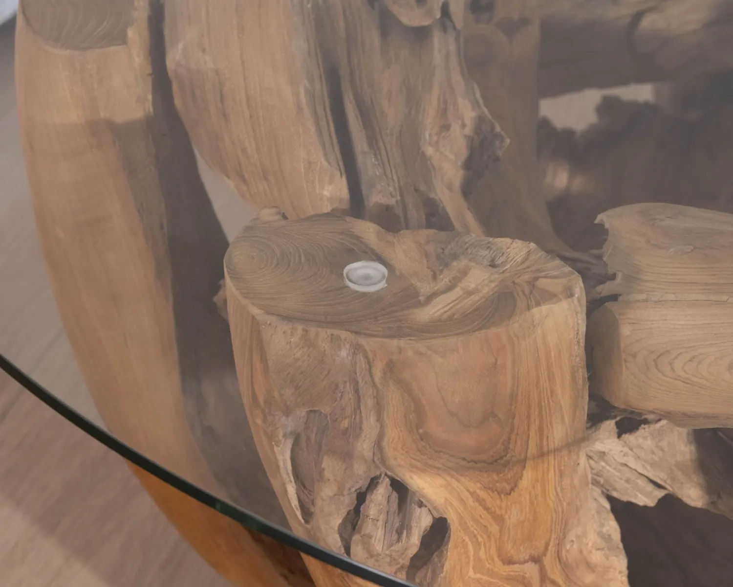 Meuble House Table basse ronde en bois de teck flotté et plateau verre "Kanoa" 120 cm Hot