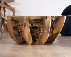 Meuble House Table basse ronde en bois de teck flotté et plateau verre