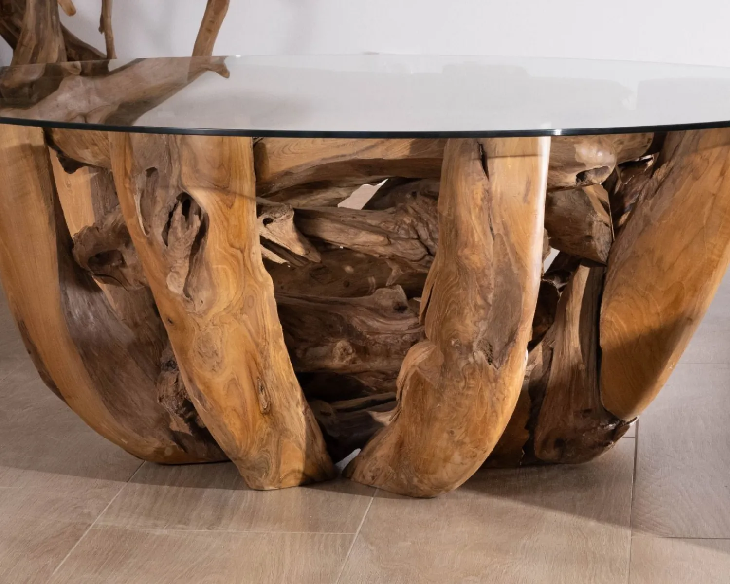 Meuble House Table basse ronde en bois de teck flotté et plateau verre "Kanoa" 120 cm Hot