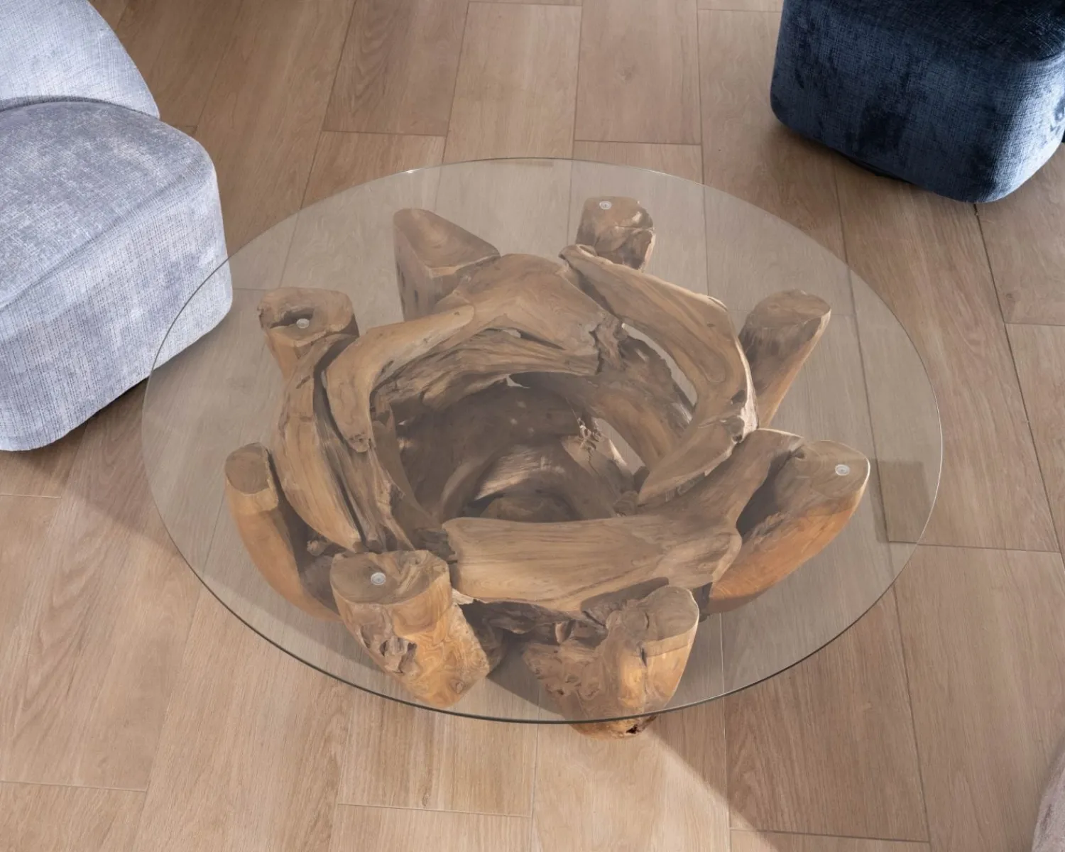 Meuble House Table basse ronde en bois de teck flotté et plateau verre "Kanoa" 120 cm Hot