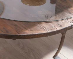 Meuble House Table basse ronde en bois recyclé et plateau verre avec pieds métal "Népalaise" New