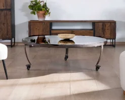 Meuble House Table basse ronde en bois recyclé et plateau verre avec pieds métal "Népalaise" New