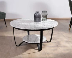Meuble House Table basse ronde en terrazzo blanc et métal noir "Galatée" Online