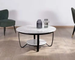Meuble House Table basse ronde en terrazzo blanc et métal noir 