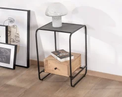 Meuble House Table de chevet design en métal et bois avec plateau en placage pierre