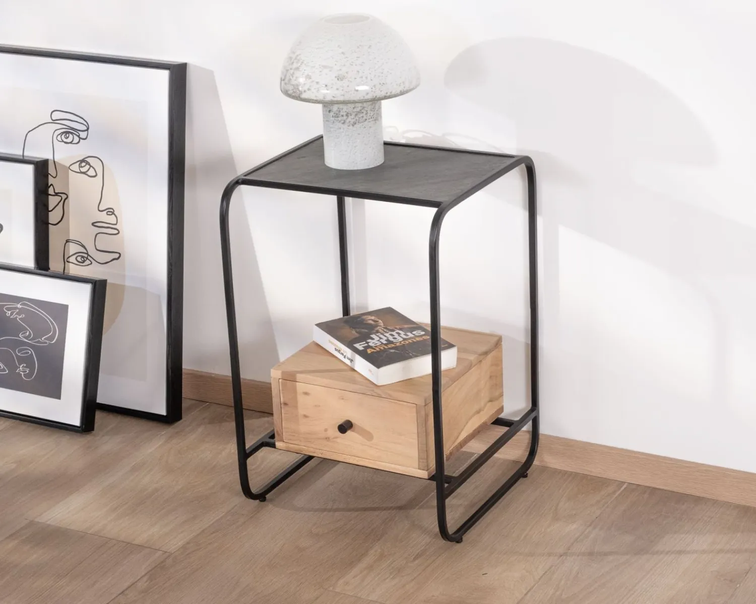 Meuble House Table de chevet design en métal et bois avec plateau en placage pierre "Pikto" Best