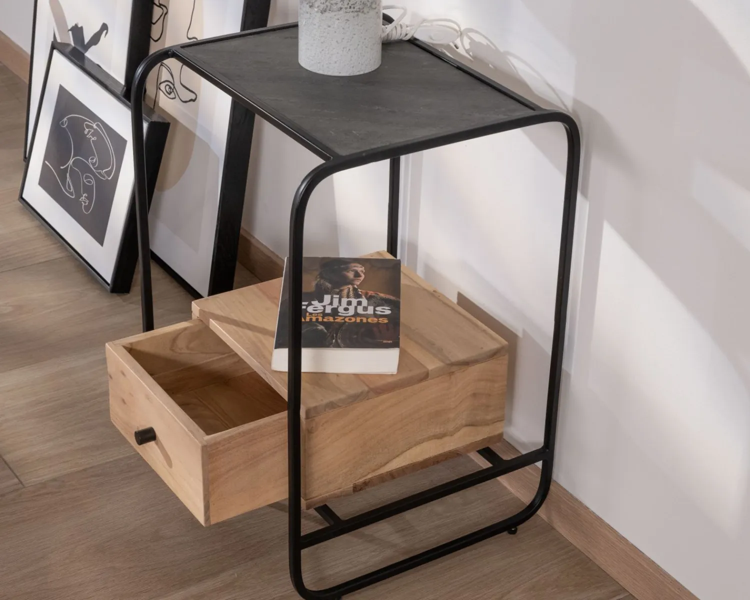Meuble House Table de chevet design en métal et bois avec plateau en placage pierre "Pikto" Best