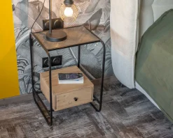 Meuble House Table de chevet design en métal et bois avec plateau en placage pierre